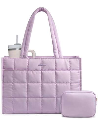 LOVEVOOK Tote Bag for Women, Puffer Work Handbag 17 Inch Laptop Purse for Nurse Teacher, Large Quilted Travel Tote Shoulder Bag with Zipper for College Office Clinical Gym, Light Purple - color: Light Purple, size: 17.3 inch