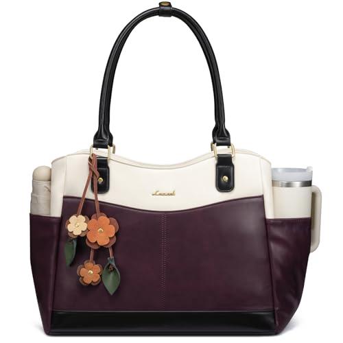 LOVEVOOK Laptop Bag for Women, Vintage Work Tote, Teacher Bag with Pendant | Fits 15.6 Inch Laptop, Magnetic Front Pockets, fits for Large Bottle Pockets, Flower Pendant, Fashion Work Purse - color: Purple-beige, size: 15.6 inch