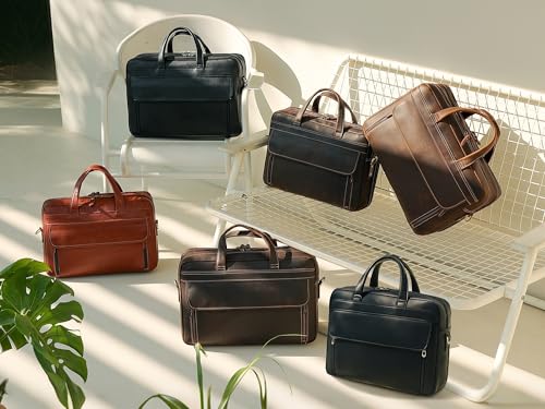 Masa Kawa Leather 15.6" & 17" Laptop Briefcase Men Business Messenger Bag | Full Grain Cowhide Business Travel Office Work Crossbody Shoulder Professional Attache Case for 2 Computers - color: Brown-fits 17" Laptop
