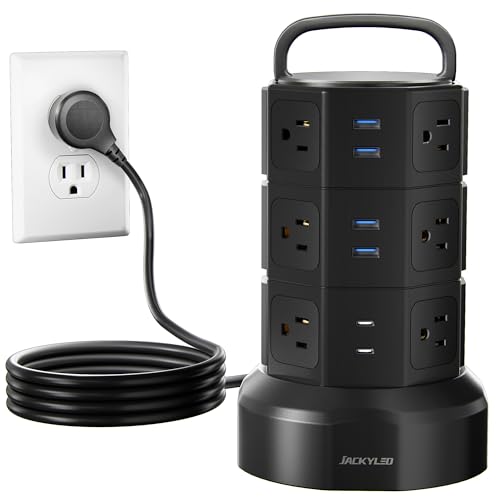 JACKYLED Power Strip Tower Surge Protector, 12 AC 6 USB (2 USB C), 1050J | 6.5Ft Retractable Extension Cord with Multiple Outlets, 1625W/13A Outlet Extender, USB Charging Station for Home Office Dorm - color: Black, size: Medium-6.5ft