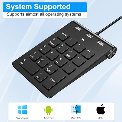 18 Key Wired Numeric Keypad with 3 Port USB 2.0 Hub, USB C & USB A Slim Portable Numpad for Laptop, Desktop, PC, MacBook, Efficiency Financial Accounting Num Pad USB c Support Plug and Play