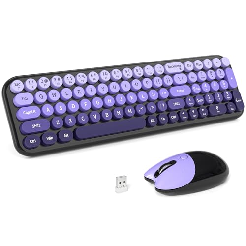 MOFII Wireless Keyboard and Mouse Combo, Compact Typewriter Retro Round Computer Keyboard and Mouse Set, Plug and Play, for Windows, Computer, Desktop, PC, Notebook - (Black Purple Gradient) - color: Black Purple Gradient