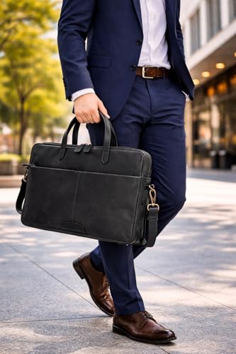 KomalC Leather Laptop Sleeve 15.5" with Trolley Strap, Fits up to 16" Laptop, Slim Office Bag with Shoulder Strap - color: Black