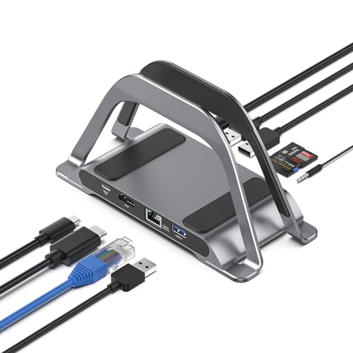MacBook Docking Station, PULWTOP USB C Docking Station with Vertical Stand Compatible with MacBook Pro and Air, with 4K HDMI, 3 USB, SD/TF, PD3.0, RJ45 Ethernet, Audio, for HP/Dell/Lenovo laptops