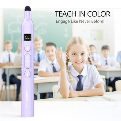 N21 Bluetooth Presentation Clicker for PowerPoint with Retractable Pointer | ①Green laser ②Telescopic touch pen ③Countdown timer, vibration alert ④Customizable Button ⑤Rechargeable;battery level display - color: Purple - Green Pointer