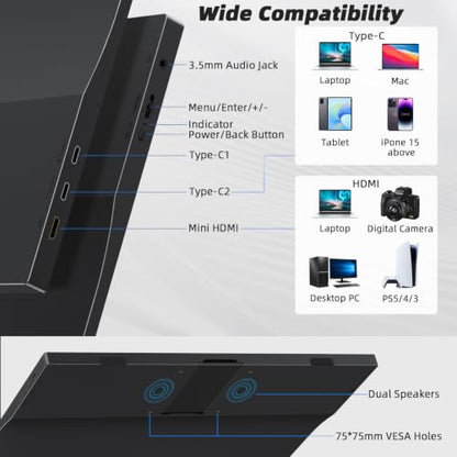 15.6'' Portable Monitor Touchscreen 10 Point 1080P IPS External Touchscreen Monitor for Laptop, USB-C HDMI Second Portable Screen Travel Monitor with 2 Speakers VESA for Mac Window PC Phone PS5（Touch）