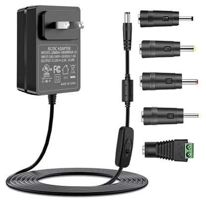 12V 2A Power Supply Adapter with ON/Off Switch, for 12V LED Strip Light. | AC 100-240V 50-60hz, fit for 12Vdc LED Strip Light Hard Drive CCTV Camera Keyboard Router DVD Player, with 5 DC Tips.