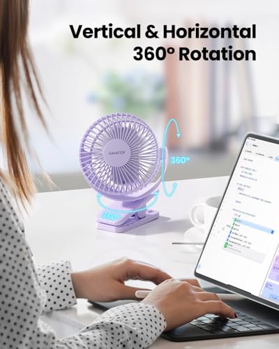 Gaiatop Portable Clip on Fan, Mini Personal Rechargeable Fan | Battery Operated, Small 3 Speed Quiet 360° Rotate, Cooling for Desk Table Home Office Stroller Camping Women Gifts Purple - color: light purple