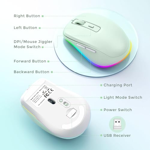PEIOUS Wireless Mouse Jiggler - Keep Computers Awake, Light Green | Rechargeable LED Mouse, Silent Clicks, Adjustable DPI and Random Movement Keep Computers Awake for Laptop/PC/Mac - color: Light Green
