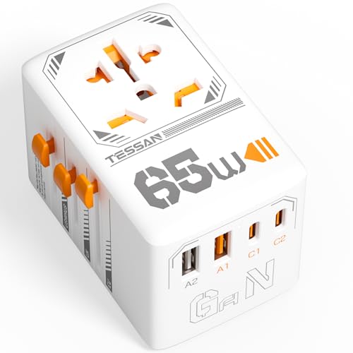 TESSAN Universal Travel Adapter, 65W GaN International Plug Adaptor with 4 USB(2 USB C) Charging Ports, Worldwide Power Outlet for US to European EU UK AUS Ireland(Type C/G/A/I) - color: Orange-65W