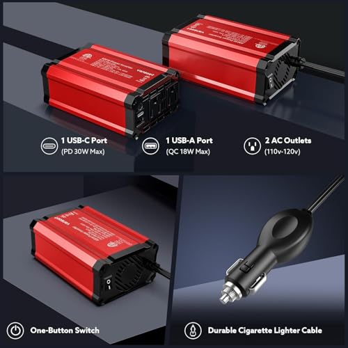 400W Power Inverter DC 12V to AC 110V Car Adapter | PD 30W USB C, QC 18W USB-A Fast Charging Ports, 2 AC Outlets, Car Charger Plug Adapter Outlet for Laptop, Phone, Road Trip - color: Red