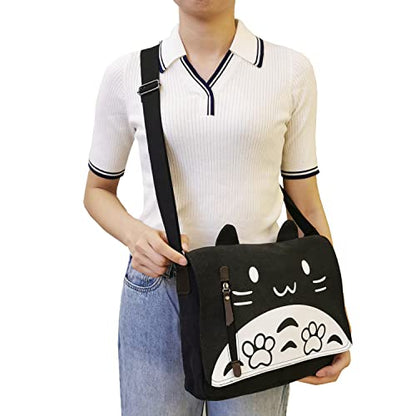 Canvas Cute Cat Kitty Messenger Bag Girls Crossbody Bag Shoulder Bag Cute Satchel School Bag - color: Black