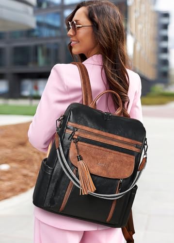 Laptop Backpack for Women 15.6 inch,Travel Leather Backpack Purse Nurse Teacher Carry on Backpack Computer Bag,Professional Water-Resistant College Business Work Casual Daypack,Black with Brown - color: Black With Brown