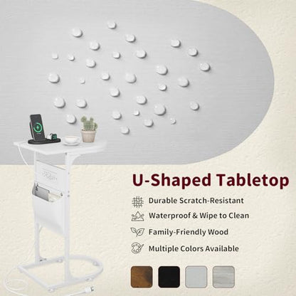 C Shaped End Table with Charging Station, Small Side Table for Couch, C Table Slides Under Sofa with Storage Bag, TV Tray Table for Recliner, Living Room, Bedside, Bedroom, Small Spaces, White - color: Charging Station White