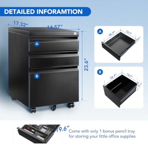 FLEXISPOT 3-Drawer Metal Mobile Filing Cabinet for Home Office - Under Desk Storage with Lock Keys - Legal/Letter/A4 File Organizer - Fully Assembled Except Wheels - Black - color: Black, style: Right Angle