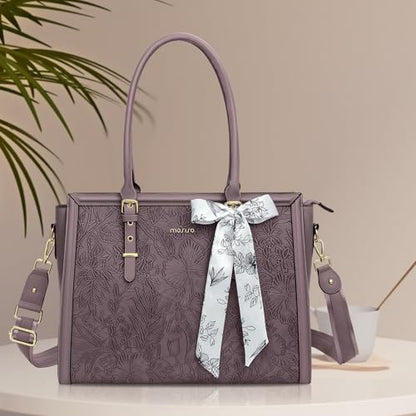 MOSISO Laptop Bag for Women, 17-17.3 inch PU Leather Tote Bag | Compatible with MacBook, HP,Dell, Front Embossed Retro Hibiscus Computer Bags with Silk Scarf&Clutch Purse, Slate Purple - color: Slate Purple, size: 17.3 inch