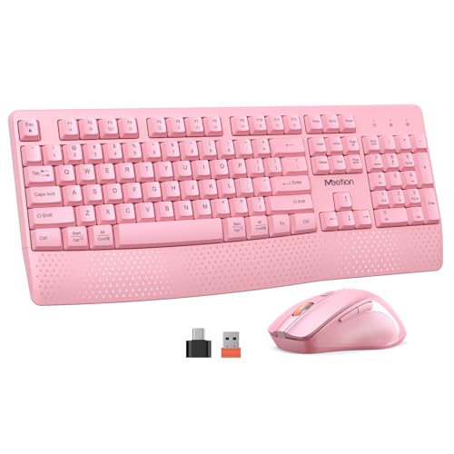 MEETION Wireless Keyboard and Mouse Combo, Full-Size with Wrist Rest, Pink | 2.4GHz USB receiver, 3 adjustable DPI mouse, comfortable typing, compatible with Windows, Mac, PCs and laptops - color: Pink