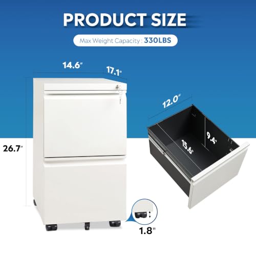 DEVAISE 2 Drawer File Cabinet with Lock for Home Office, Fully Assembled | Under Desk Metal Filing Cabinet with Wheels, Fits Letter/Legal/A4 Size, White - color: White, size: 17"D x 15"W x 27"H