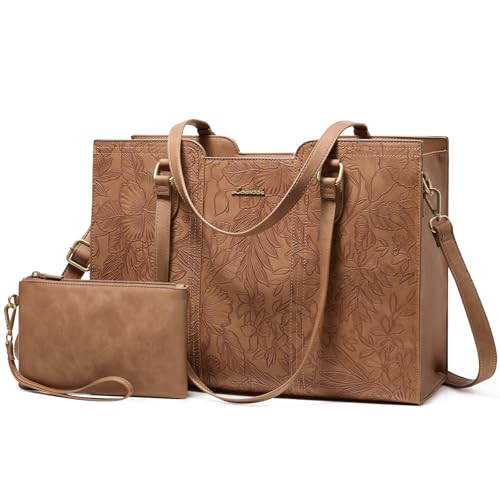 LOVEVOOK Laptop Bag for Women - Waterproof Work Bag for Women & Vintage Laptop Tote Purse with Wristlet - color: Retro Embossed Brown, size: 15.6 inch