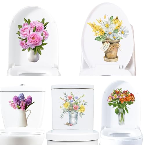 5Sheets Green Plant Leaves Flowers Toilet Stickers Self-Adhesive Toilet Lid Stickers Bathroom Wall Sticker Toilet Cover Decor Decal,Toilet Cover Decorative Sticker (Style-I) 9.8*11.8in BQ0064 - color: Style-i