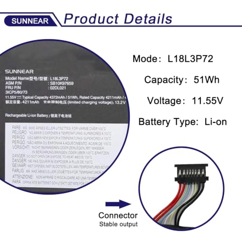 L18L3P72 Laptop Battery Replacement with ThinkPad X13 Yoga 1st Gen ThinkPad X390 Yoga Series 02DL021 SB10K97659 5B10W13927 L18M3P72 02DL022 SB10K97660 L19M3P71 02HM886 11.55V 51Wh - size: 11.61*5.91*1.10 inches L18L3P72