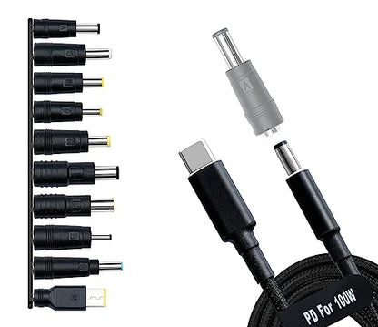 USB C to DC Adapters 10PCS Power Plug Kit,100W PD Power Cable&5.5x2.1 Jack | Universal Charger Supply 100W PD Power Cable for Sony Toshiba Samsung Acer Asus Lenovo Dell HP Laptop Charging Connector Tips