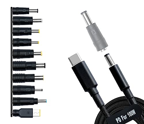 USB C to DC Adapters 10PCS Power Plug Kit,100W PD Power Cable&5.5x2.1 Jack | Universal Charger Supply 100W PD Power Cable for Sony Toshiba Samsung Acer Asus Lenovo Dell HP Laptop Charging Connector Tips
