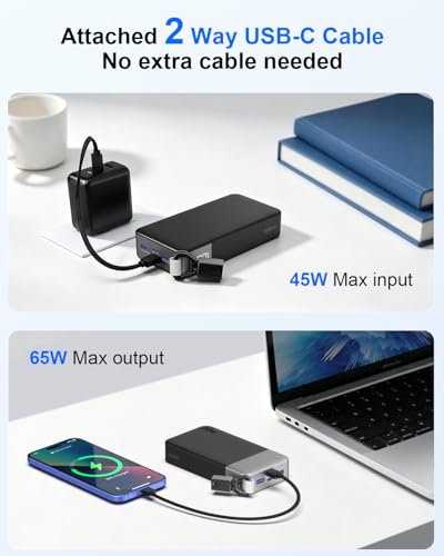 NOBIS Power Bank 20000mAh 65W Laptop Portable Charger | Battery Pack with attached USBC Cable 2 USB-C & 2 USB-A Ports, for Laptop,Pad,tablet,Phone 17/16/15/14,S26 - color: Black