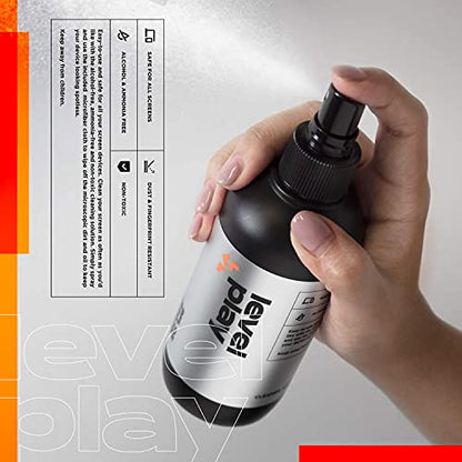 Levelplay Screen Cleaner Kit – Fingerprint-Resistant Touchscreen, Monitor & Lens Cleaner, Alcohol- and Ammonia-Free, Washable Microfiber Wipe (Large), 240 mL (8.1 fl oz) Spray Bottle - size: 240ml Regular-Use Kit
