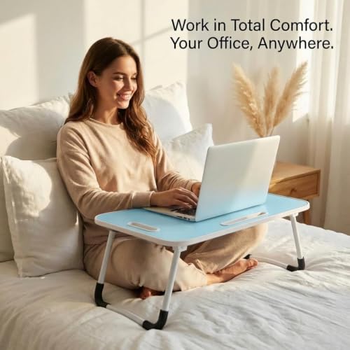 BUYIFY 23" Foldable Lap Desk for Laptop Writing w/Cup Holder Blue | Sturdy and Durable, Laptop Bed Desk with Tablet Slot, No Assembly, Space Saving for Bed Couch Dorm WFH Students - color: Blue