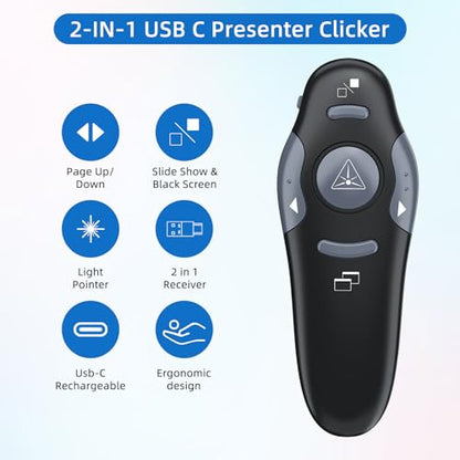 Presentation Clicker with Storage Case, USB C Rechargeable Wireless Presenter Remote Powerpoint Clicker with Protective Case - style: Red Light+Case