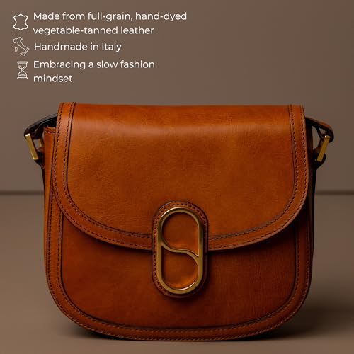 Time Resistance Full-Grain Leather Crossbody Bag – Shoulder Bag with Magnetic Closure - Leather Messenger Bag for Women - color: Cognac Brown