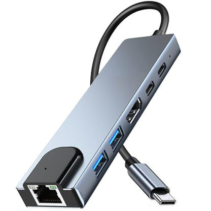 6 in 1 Type C to HDTV Adapter, USB C Hub with LAN Port, 4K HDMI Output USB C Adapter Compatible with MacBook Series, Chromebook, Laptop, Mouse, Keyboard, Flash Drive, Hard Disk