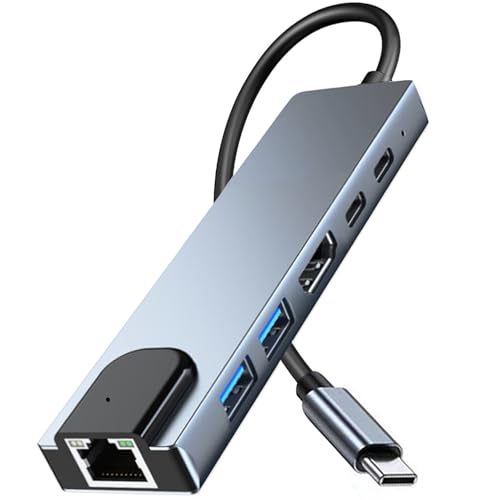 6 in 1 Type C to HDTV Adapter, USB C Hub with LAN Port, 4K HDMI Output USB C Adapter Compatible with MacBook Series, Chromebook, Laptop, Mouse, Keyboard, Flash Drive, Hard Disk