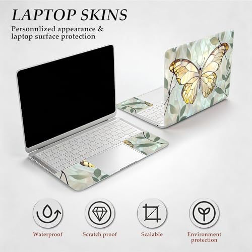 12.1-15.6 Inch Universal Reusable Laptop Skin Sticker Decal, Waterproof Removable Protector for Notebook Cover, Scratch-Resistant Vinyl Cuttable Full Wrap Sticker, Golden Butterflies Green Leaves - color: Golden Butterflies Green Leaves