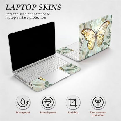 12.1-15.6 Inch Universal Reusable Laptop Skin Sticker Decal, Waterproof Removable Protector for Notebook Cover, Scratch-Resistant Vinyl Cuttable Full Wrap Sticker, Golden Butterflies Green Leaves - color: Golden Butterflies Green Leaves