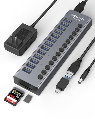 Powered USB 3.0 Hub, Wenter 13 Ports Powered USB Hub with SD/TF Card Reader, Aluminum USB Splitter with Individual On/Off Switches, 12V/3A 36W Power Adapter for PC/Laptops - size: Aluminum 13 Ports