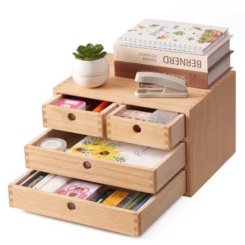 KIRIGEN Wood Desk Organizer with 4 Drawers, Desktop Storage, Natural 34-NA | 3-Tier Solid Wood Cabinet Holds Letter-Size Paper, Mail, Makeup, Crafts, and Home Office Supplies, Fully Assembled - color: Natural, size: 3-layer &4 drawers