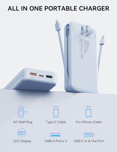 Nusyddy Portable Charger 20000mAh Fast Charging w/Built-in Wall Plug Blue | PD20W Fast Charging, High Capacity, LED Display, Charge 5 Devices at once, TSA Approved, Compatible with iPhone/Samsung - color: Sky Blue