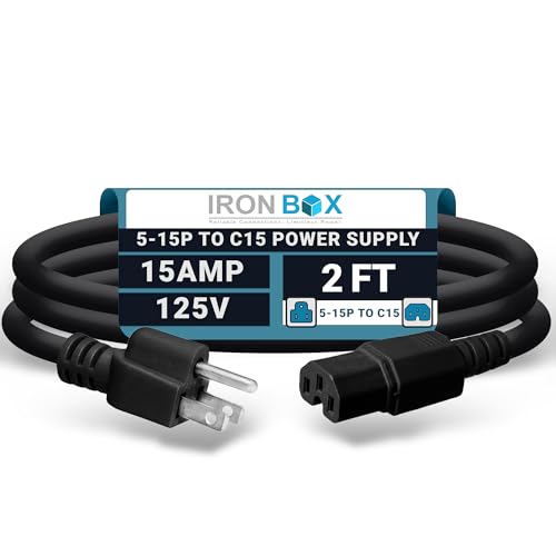 IronBox Electric - Heavy-Duty 5-15P to C15 Power Supply Cable - 15A 125V, 14/3 SJT Cord - Male End 5-15 Plug/Female End C15 Connector - UL Listed PC Power Cord - (Black,2 Foot) - color: Black, size: 2 ft