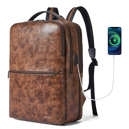 Vegan Leather Laptop Backpack for Women and Men Fits 16 Inch Laptop | Water Resistant,28L Expandable Computer Backpack Purse,USB Charging Port,Travel Work Business College Teacher Nurse - color: Two-toned Brown