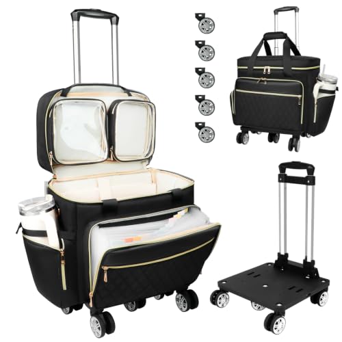 SIYNPAV 5-Wheeled Rolling Teacher Bag with Detachable Trolley, 15.6 Inch Laptop Sleeve & Accordion File Organizer, Large Capacity Teacher Tote with Cup Holder for School Office, Black