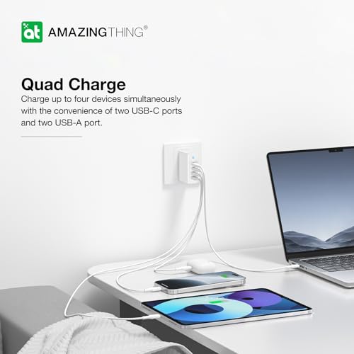 100W GaN Wall Charger with 2 Type C and 2 USB A Ports, Fast USB C Charger Block, Compact Charging Power Adapter for MacBook Pro/Air/iPad/iPhone/Samsung/Dell/Laptop/Tablet, with Foldable Plug, White