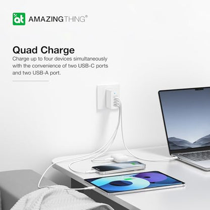 100W GaN Wall Charger with 2 Type C and 2 USB A Ports, Fast USB C Charger Block, Compact Charging Power Adapter for MacBook Pro/Air/iPad/iPhone/Samsung/Dell/Laptop/Tablet, with Foldable Plug, White