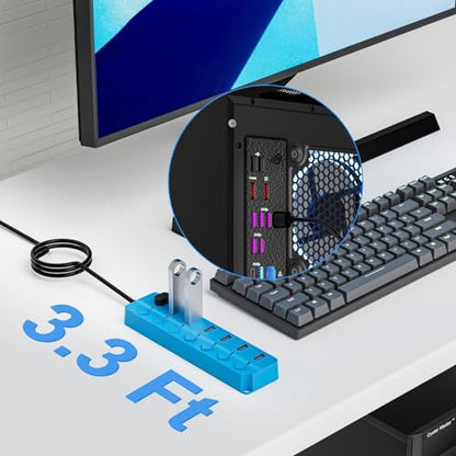 USB Hub 7 Port, USB Splitter with Individual On/Off Switches and Lights | USB 3.0 Hub with 3.3ft Cable, Extender for A Port Laptop, PC, Desktop-Blue - color: Blue