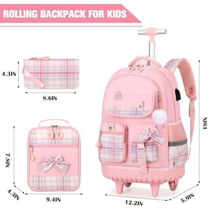 ACESAK Rolling Backpack for Girls - Roller Wheels School bag with Lunch Bag & Pencil Pouch for Teen Girls Kids Wheeled Suitcase Backpacks, Elementary Middle School Travel Daypack (Pink) - color: Pink
