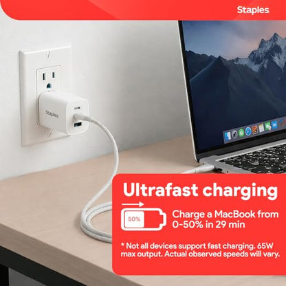 Staples TECH GaN Wall Charger, 65W – USB‑A & USB‑C Fast Charging, Includes Charging Cable, Compact Power Adapter for iPhone, Samsung, iPad & USB‑C Devices - style: 65 Watt