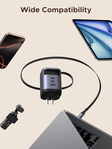 UGREEN Nexode 100W GaN 3-Port USB-C Charger for MacBook & iPhone | Built-in retractable cable, GaN tech, Wall adapter. Powers for laptops, iPhones, DJI drones