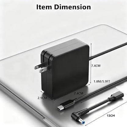 65W Laptop Charger Replacement for HP, USB-C & 4.5mm Blue Tip | Fast Charging for EliteBook, ProBook, OmniBook, Stream, Spectre, Pavilion, Envy, Chromebook Power Supply with 6FT Cord