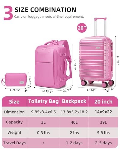 LARVENDER Carry on Luggage Sets 3 Piece, 20 Inch Suitcases, Glossy Berry | 22x14x9 Airline Approved, Lightweight PC+ABS Hardshell, Smooth 360° Double Wheels, TSA Lock, 3-Piece Set with XL Backpack - color: Glossy Berry (XL-BP), size: 3 Piece Set (Backpack